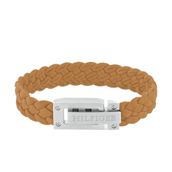 Armbånd i flettet, brunt læder med et sølvfarvet Tommy Hilfiger-spænde.
