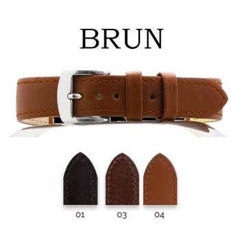 Brun læderurrem med stikninger i bredderne 12-20 mm og 180-195 mm lang og med flere spænde farver.