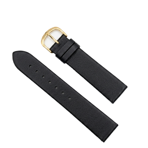 Søgaard sort urrem af kalve læder i ulige løb uden syninger i bredder fra 10-22 mm, 190 mm lang og med enten forgyldt eller sølv spænde
