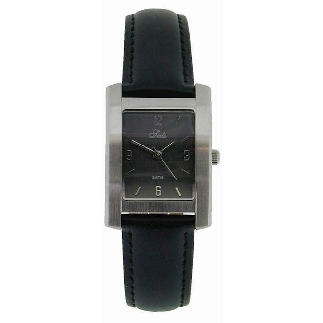 Sort dameur fra seits i rustfrit stål med læderrem