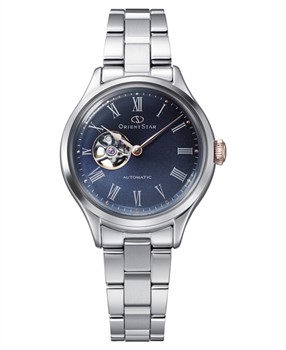 Mørk urskive med romertal, åbent hjerte-design, metalkæde. Orient Star Keshiki Limited Edition.