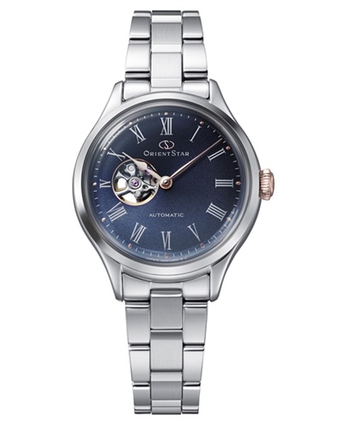 Mørk urskive med romertal, åbent hjerte-design, metalkæde. Orient Star Keshiki Limited Edition.